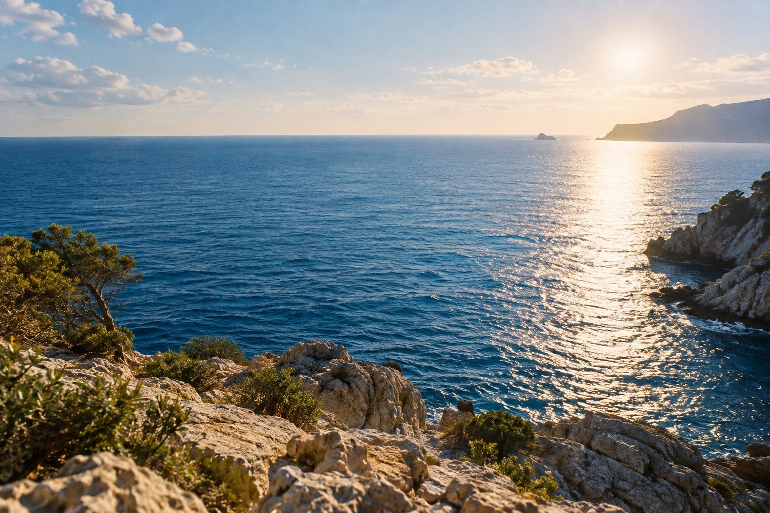 Sunlit sea and rocky coast — decorative cover artwork